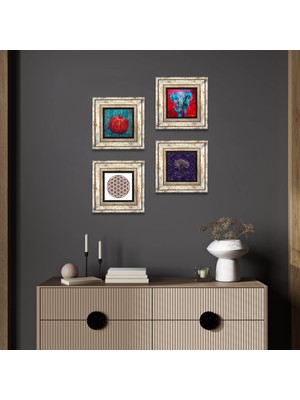 Pinecone Stone Hayat Ağacı, Fil, Yaşam Çiçeği, Nar Çerçeveli Taş Duvar Tablosu 4’lü Set - Dekoratif Modern Sanat, Ev ve Ofis Dekoru |TK4-1277|
