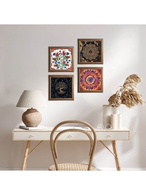 Pinecone Stone Mandala, Sri Yantra, Lale, Hayat Ağacı Ahşap Çerçeveli Taş Duvar Tablosu 4’lü Set – 25x25 cm Dekoratif Modern Sanat – Ev ve Ofis Dekoru |W4-1012|