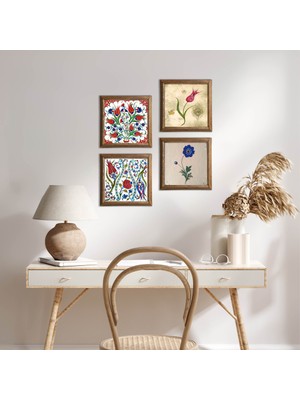 Pinecone Stone Ebru Sanatı, Lale Ahşap Çerçeveli Taş Duvar Tablosu 4’lü Set – 25x25 cm Dekoratif Modern Sanat – Ev ve Ofis Dekoru |W4-701|