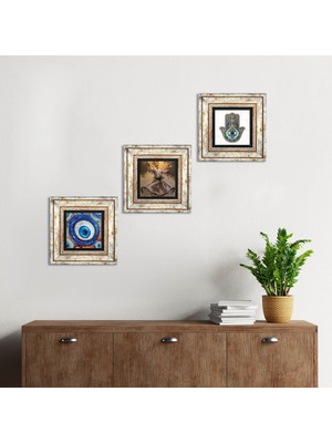 Pinecone Stone Nazar, Semazen, Fatma Ana Eli (Hamsa) Çerçeveli Taş Duvar Tablosu 3’lü Set - Dekoratif Modern Sanat, Ev ve Ofis Dekoru |TK3-1992|