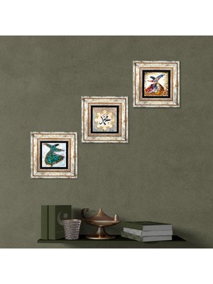 Pinecone Stone Hz. Muhammed Lafzı, Semazen Çerçeveli Taş Duvar Tablosu 3’lü Set - Dekoratif Modern Sanat, Ev ve Ofis Dekoru |TK3-223|