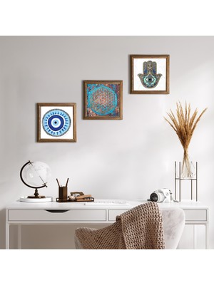 Pinecone Nazar, Yaşam Çiçeği, Fatma Ana Eli (Hamsa) Taş Duvar Tablosu Ahşap Çerçeveli Duvar Dekoru 3 Parça Tablo Seti Wall Art W3-329