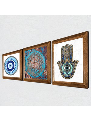 Pinecone Nazar, Yaşam Çiçeği, Fatma Ana Eli (Hamsa) Taş Duvar Tablosu Ahşap Çerçeveli Duvar Dekoru 3 Parça Tablo Seti Wall Art W3-329