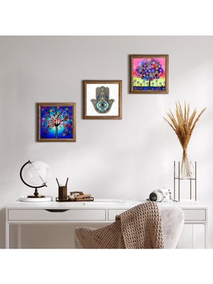 Pinecone Stone Hayat Ağacı, Hayat Ağacı, Fatma Ana Eli (Hamsa) Ahşap Çerçeveli Taş Duvar Tablosu 3’lü Set – 25x25 cm Dekoratif Modern Sanat – Ev ve Ofis Dekoru |W3-336|