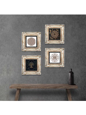 Pinecone Stone Yaşam Çiçeği, Sri Yantra, Hayat Ağacı Çerçeveli Taş Duvar Tablosu 4’lü Set - Dekoratif Modern Sanat, Ev ve Ofis Dekoru |TK4-735|