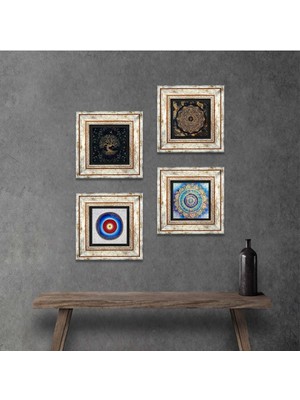 Pinecone Stone Nazar, Mandala, Sri Yantra, Hayat Ağacı Çerçeveli Taş Duvar Tablosu 4’lü Set - Dekoratif Modern Sanat, Ev ve Ofis Dekoru |TK4-740|