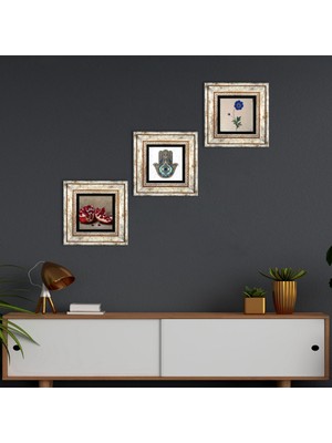 Pinecone Stone Ebru Sanatı, Nar, Fatma Ana Eli (Hamsa) Çerçeveli Taş Duvar Tablosu 3’lü Set - Dekoratif Modern Sanat, Ev ve Ofis Dekoru |TK3-738|