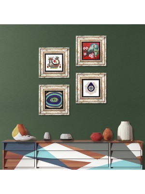 Pinecone Kuş, Nazar, Şahmeran Taş Duvar Tablosu Çerçeveli Duvar Dekoru 4 Parça Tablo Seti Wall Art T4-1427