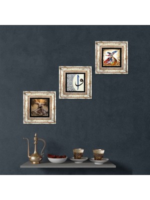 Pinecone Stone Elif-Vav, Semazen Çerçeveli Taş Duvar Tablosu 3’lü Set - Dekoratif Modern Sanat, Ev ve Ofis Dekoru |TK3-218|