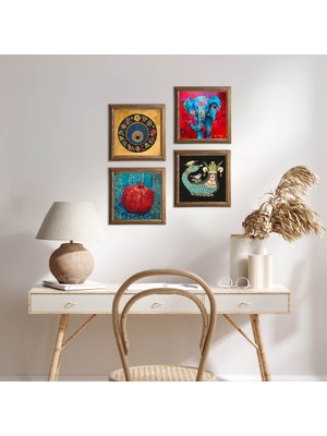 Pinecone Stone Fil, Nazar, Şahmeran, Nar Ahşap Çerçeveli Taş Duvar Tablosu 4’lü Set – 25x25 cm Dekoratif Modern Sanat – Ev ve Ofis Dekoru |W4-858|