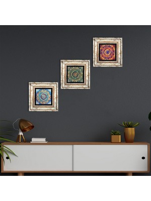 Pinecone Stone Mandala Çerçeveli Taş Duvar Tablosu 3’lü Set - Dekoratif Modern Sanat, Ev ve Ofis Dekoru |TK3-36|