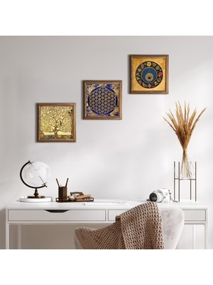 Pinecone Stone Yaşam Çiçeği, Nazar Boncuğu, Gustav Klimt Hayat Ağacı Ahşap Çerçeveli Taş Duvar Tablosu 3’lü Set – 25x25 cm Dekoratif Modern Sanat – Ev ve Ofis Dekoru |W3-359|
