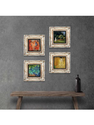 Pinecone Stone Picasso, Gustav Klimt, Claude Monet, Van Gogh Çerçeveli Taş Duvar Tablosu 4’lü Set - Dekoratif Modern Sanat, Ev ve Ofis Dekoru |TK4-945|