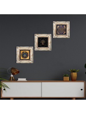 Pinecone Stone Yaşam Çiçeği, Hayat Ağacı, Nazar Çerçeveli Taş Duvar Tablosu 3’lü Set - Dekoratif Modern Sanat, Ev ve Ofis Dekoru |TK3-362|