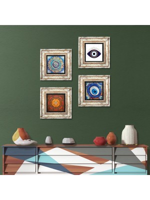 Pinecone Stone Nazar, Mandala, Sri Yantra Çerçeveli Taş Duvar Tablosu 4’lü Set - Dekoratif Modern Sanat, Ev ve Ofis Dekoru |TK4-1621|