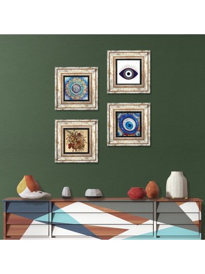 Pinecone Stone Nazar, Mandala, Vintage Çiçek Çerçeveli Taş Duvar Tablosu 4’lü Set - Dekoratif Modern Sanat, Ev ve Ofis Dekoru |TK4-1646|