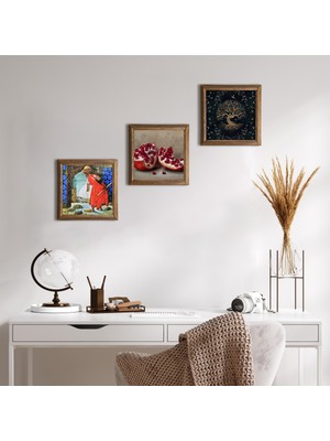 Pinecone Stone Hayat Ağacı, Kaplumbağa Terbiyecisi, Nar Ahşap Çerçeveli Taş Duvar Tablosu 3’lü Set – 25x25 cm Dekoratif Modern Sanat – Ev ve Ofis Dekoru |W3-1541|