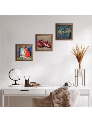 Pinecone Stone Nazar, Kaplumbağa Terbiyecisi, Nar Ahşap Çerçeveli Taş Duvar Tablosu 3’lü Set – 25x25 cm Dekoratif Modern Sanat – Ev ve Ofis Dekoru |W3-1556|