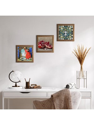 Pinecone Stone Hayat Ağacı, Kaplumbağa Terbiyecisi, Nar Ahşap Çerçeveli Taş Duvar Tablosu 3’lü Set – 25x25 cm Dekoratif Modern Sanat – Ev ve Ofis Dekoru |W3-1562|