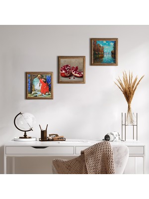 Pinecone Stone Claude Monet Sonbahar, Kaplumbağa Terbiyecisi, Nar Ahşap Çerçeveli Taş Duvar Tablosu 3’lü Set – 25x25 cm Dekoratif Modern Sanat – Ev ve Ofis Dekoru |W3-1569|