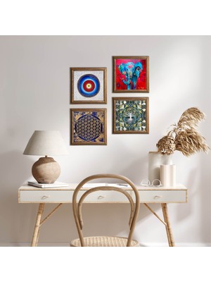 Pinecone Stone Nazar, Hayat Ağacı, Fil, Yaşam Çiçeği Ahşap Çerçeveli Taş Duvar Tablosu 4’lü Set – 25x25 cm Dekoratif Modern Sanat – Ev ve Ofis Dekoru |W4-899|