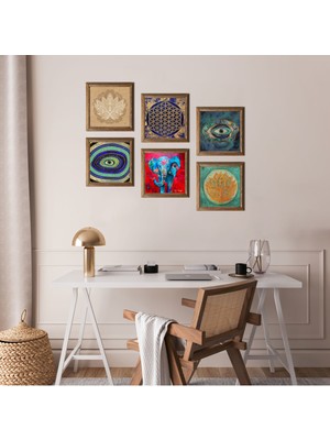 Pinecone Fil, Nazar, Lotus Çiçeği, Yaşam Çiçeği Taş Duvar Tablosu Ahşap Çerçeveli Duvar Dekoru 6 Parça Tablo Seti Wall Art W6-68