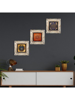 Pinecone Stone Yaşam Çiçeği, Sri Yantra, Nazar Boncuğu Çerçeveli Taş Duvar Tablosu 3’lü Set - Dekoratif Modern Sanat, Ev ve Ofis Dekoru |TK3-369|