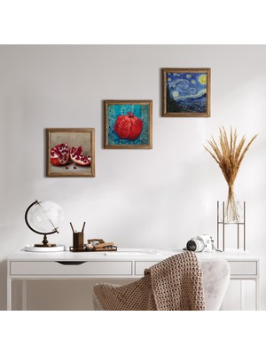 Pinecone Stone Van Gogh Yıldızlı Gece, Nar Ahşap Çerçeveli Taş Duvar Tablosu 3’lü Set – 25x25 cm Dekoratif Modern Sanat – Ev ve Ofis Dekoru |W3-794|