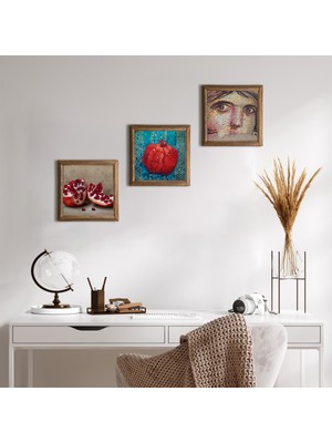 Pinecone Stone Çingene Kızı Mozaiği, Nar Ahşap Çerçeveli Taş Duvar Tablosu 3’lü Set – 25x25 cm Dekoratif Modern Sanat – Ev ve Ofis Dekoru |W3-796|