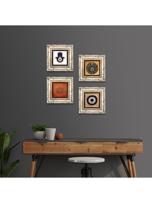 Pinecone Stone Fatma Ana Eli (Hamsa), Sri Yantra, Nazar Çerçeveli Taş Duvar Tablosu 4’lü Set - Dekoratif Modern Sanat, Ev ve Ofis Dekoru |TK4-1819|