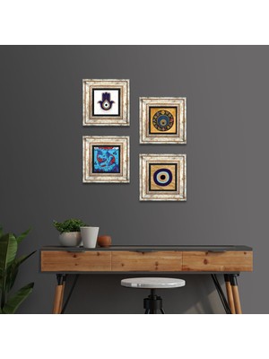 Pinecone Stone Fatma Ana Eli (Hamsa), Çini Sanatı Balık, Nazar Çerçeveli Taş Duvar Tablosu 4’lü Set - Dekoratif Modern Sanat, Ev ve Ofis Dekoru |TK4-1827|