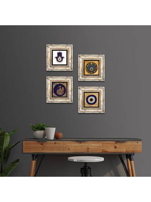 Pinecone Stone Fatma Ana Eli (Hamsa), Tavus Kuşu, Nazar Çerçeveli Taş Duvar Tablosu 4’lü Set - Dekoratif Modern Sanat, Ev ve Ofis Dekoru |TK4-1829|