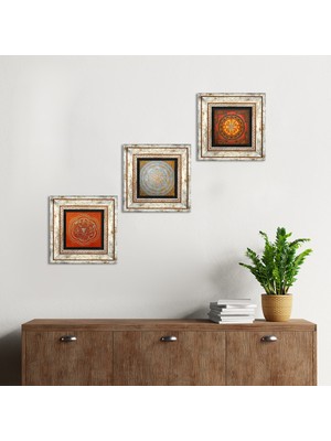 Pinecone Stone Sri Yantra Çerçeveli Taş Duvar Tablosu 3’lü Set - Dekoratif Modern Sanat, Ev ve Ofis Dekoru |TK3-39|