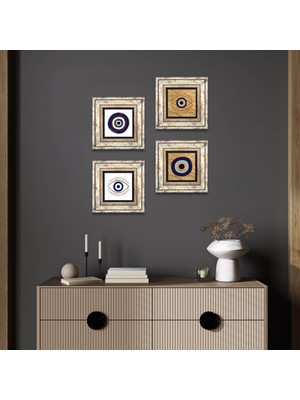 Pinecone Stone Nazar Çerçeveli Taş Duvar Tablosu 4’lü Set - Dekoratif Modern Sanat, Ev ve Ofis Dekoru |TK4-1077|