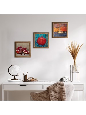 Pinecone Stone İstanbul Kız Kulesi, Nar Ahşap Çerçeveli Taş Duvar Tablosu 3’lü Set – 25x25 cm Dekoratif Modern Sanat – Ev ve Ofis Dekoru |W3-799|