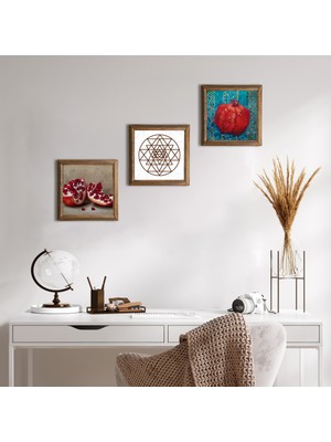 Pinecone Stone Sri Yantra, Nar Ahşap Çerçeveli Taş Duvar Tablosu 3’lü Set – 25x25 cm Dekoratif Modern Sanat – Ev ve Ofis Dekoru |W3-817|