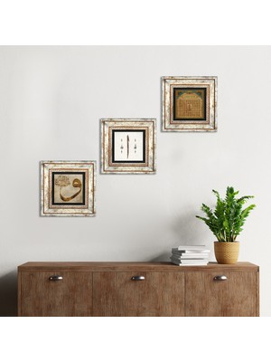 Pinecone Stone Vav, Elif, Esma'ül Hüsna Çerçeveli Taş Duvar Tablosu 3’lü Set - Dekoratif Modern Sanat, Ev ve Ofis Dekoru |TK3-606|