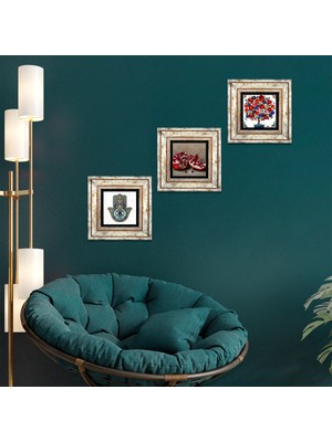 Pinecone Stone Nar, Nar Ağacı, Fatma Ana Eli (Hamsa) Çerçeveli Taş Duvar Tablosu 3’lü Set - Dekoratif Modern Sanat, Ev ve Ofis Dekoru |TK3-22|