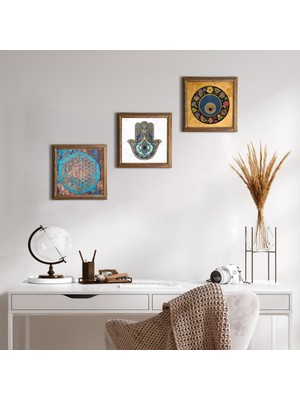 Pinecone Stone Yaşam Çiçeği, Nazar Boncuğu, Fatma Ana Eli (Hamsa) Ahşap Çerçeveli Taş Duvar Tablosu 3’lü Set – 25x25 cm Dekoratif Modern Sanat – Ev ve Ofis Dekoru |W3-324|