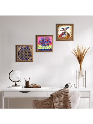 Pinecone Stone Yaşam Çiçeği, Karla Gerard Hayat Ağacı, Semazen Ahşap Çerçeveli Taş Duvar Tablosu 3’lü Set – 25x25 cm Dekoratif Modern Sanat – Ev ve Ofis Dekoru |W3-335|