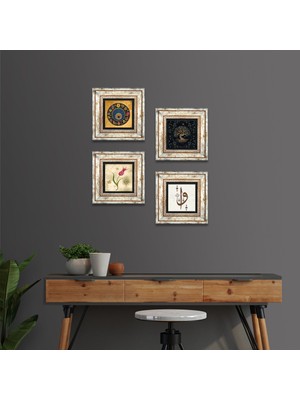 Pinecone Stone Elif Vav, Hayat Ağacı, Lale, Nazar Çerçeveli Taş Duvar Tablosu 4’lü Set - Dekoratif Modern Sanat, Ev ve Ofis Dekoru |TK4-360|