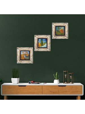 Pinecone Stone Van Gogh Çerçeveli Taş Duvar Tablosu 3’lü Set - Dekoratif Modern Sanat, Ev ve Ofis Dekoru |TK3-546|