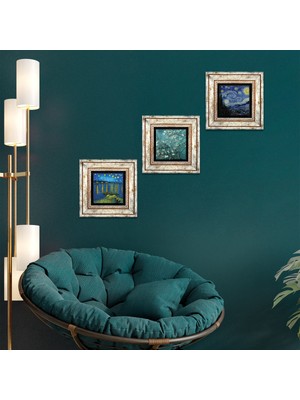 Pinecone Stone Van Gogh Ren Nehri, Yıldızlı Gece, Badem Ağacı Çerçeveli Taş Duvar Tablosu 3’lü Set - Dekoratif Modern Sanat, Ev ve Ofis Dekoru |TK3-568|