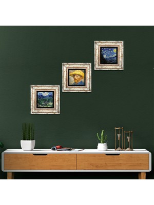 Pinecone Stone Van Gogh Zeytin Ağaçları, Otoportre, Yıldızlı Gece Çerçeveli Taş Duvar Tablosu 3’lü Set - Dekoratif Modern Sanat, Ev ve Ofis Dekoru |TK3-577|
