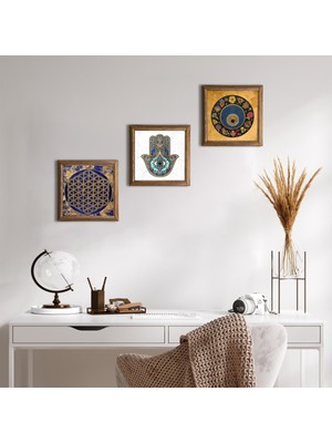 Pinecone Stone Yaşam Çiçeği, Nazar Boncuğu, Fatma Ana Eli (Hamsa) Ahşap Çerçeveli Taş Duvar Tablosu 3’lü Set – 25x25 cm Dekoratif Modern Sanat – Ev ve Ofis Dekoru |W3-351|