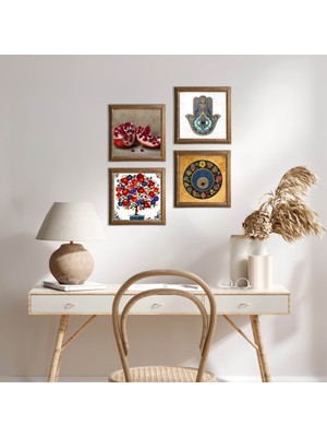 Pinecone Stone Nazar, Nar, Nar Ağacı, Fatma Ana Eli (Hamsa) Ahşap Çerçeveli Taş Duvar Tablosu 4’lü Set – 25x25 cm Dekoratif Modern Sanat – Ev ve Ofis Dekoru |W4-656|