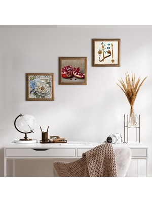 Pinecone Stone İlk Ayet 'Oku', Kelebekli Çiçek, Nar Ahşap Çerçeveli Taş Duvar Tablosu 3’lü Set – 25x25 cm Dekoratif Modern Sanat – Ev ve Ofis Dekoru |W3-1153|