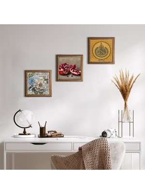Pinecone Stone Ayet-el Kürsi, Kelebekli Çiçek, Nar Ahşap Çerçeveli Taş Duvar Tablosu 3’lü Set – 25x25 cm Dekoratif Modern Sanat – Ev ve Ofis Dekoru |W3-1171|
