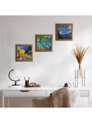 Pinecone Stone Van Gogh Kafe Terasta Gece, İrisler, Yıldızlı Gece Ahşap Çerçeveli Taş Duvar Tablosu 3’lü Set – 25x25 cm Dekoratif Modern Sanat – Ev ve Ofis Dekoru |W3-463|