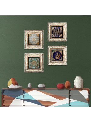 Pinecone Stone Tavus Kuşu, Yaşam Çiçeği, Sri Yantra Çerçeveli Taş Duvar Tablosu 4’lü Set - Dekoratif Modern Sanat, Ev ve Ofis Dekoru |TK4-38|